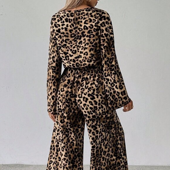 Multicolor Casual Women's Leopard Print Crew Neck Crop Top & Wide Leg Pants Set - Picture 2 of 5